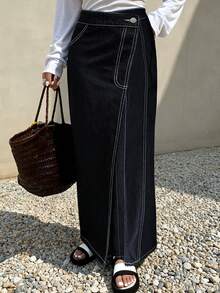 Livesso 女士休闲简约纽扣牛仔A字裙 长款牛仔裙 裹身牛仔裙 裹身牛仔裙 裹身长裙 - 藍色 - 查看 3