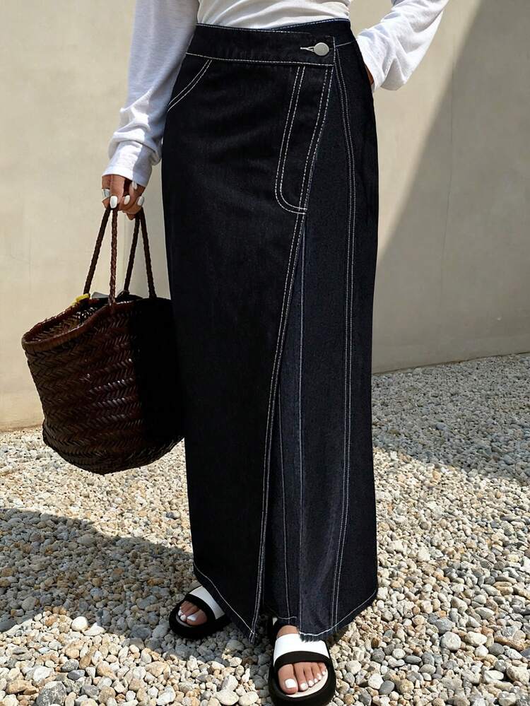 Livesso Falda vaquera larga de línea A con botones, falda vaquera larga, falda vaquera envolvente, falda vaquera envolvente larga - Azul - Añade 3