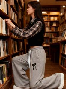 بنطلون نسائي دافئ ومريح من الفليس واسع الساق، مطرز بفيونكة جميلة | خصر عالي مع رباط، بنطلون رياضي فضفاض، مناسب للكاجوال والمنزل والموضة الشارعية في فصلي الخريف والشتاء