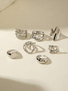 5件/6件/7件套简约优雅奢华不对称几何交叉镶钻复古光滑戒指套装，女士适用，适合派对、聚会、送礼