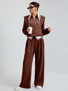 Women's Casual Business Sweetheart Neck Long Sleeve Top And Loose Straight Leg Pocket Pants 2 Pieces Set, Autumn/Winter - Coffee Brown - View 5