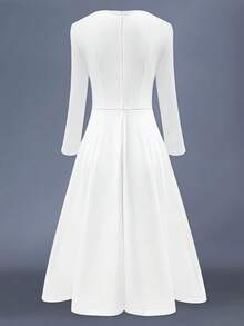 Elegant White Midi Dress For Women Round Neck Three Quarter Sleeve Knitted Fabric Flared Hem Pleated A Line Fit And Flare - 白色 - 查看 2