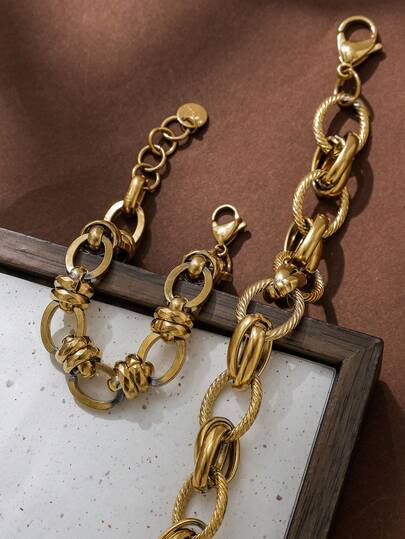 1pc Hiphop Vintage Rope & Oval Thick Chain Bracelet, 18K Gold Plated Stainless Steel Jewelry, Waterproof, Suitable For Daily, Streetwear, Party, Gift For Women