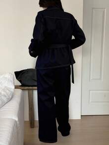 DAZY 女士翻领夹克和宽松牛仔裤套装 - 藍色 - 查看 3