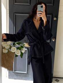 DAZY 女士翻领夹克和宽松牛仔裤套装 - 藍色 - 查看 4