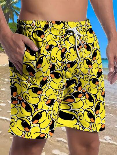 Men's 3D Duck Print Summer Beach Shorts - Lightweight, Quick-Dry Polyester Material, Adjustable Drawstring Waist, Cute Cartoon Duck Design, Suitable For Casual Outings, Adjustable Beach Shorts | Loose Fit Shorts | Lightweight Shorts