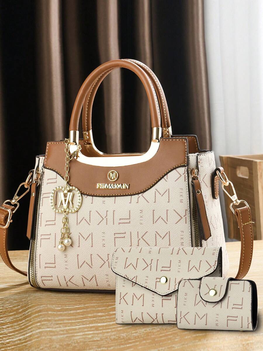 女士时尚包包套装 - 优雅几何印花，人造革手提包配斜挎包和手拿包 - 米色 - 查看 1