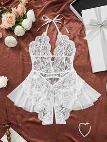 Plus Size Lace Sexy Lingerie, Backless Halter Neck See-Through Halter Nightwear, Suitable For Romantic Nights For Rave - White - View 6