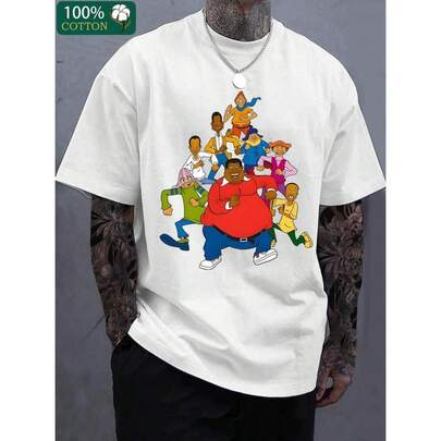 Camiseta con estampado de patrón infantil de Fat Albert y Cosby - Boutique de algodón grueso de 180g, moda casual para hombres, cuello redondo de manga corta, camiseta gráfica de alta calidad para uso diario hecha en EE. UU. Top negro