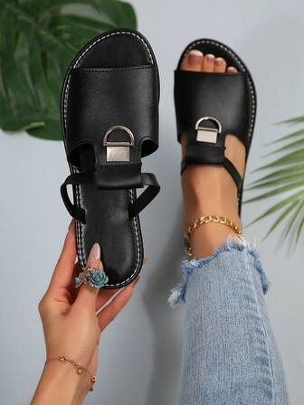 Women's Casual Flat Slippers, Round Toe Non-Slip Slides, Indoor Outdoor Beach Sandals