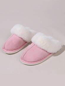 Women's Solid Color Plush Lining Thick Anti-Slip Flat Casual House Slippers, Suitable For Autumn/Winter - Pink - View 4