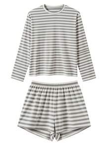 Women Y2K Striped Pajamas Set Crewneck Long Sleeve Loose Fit T Shirts Top And Shorts Spring Fall Comfy Two Piece Lounge Sets Lounge Sleepwear Pjs Set - 淺灰色 - 查看 7