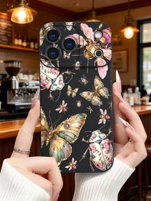 1 pieza Funda de teléfono con diseño de mariposas y escarabajos decorados con flores y piedras preciosas, estilo artístico surrealista ideal para amantes de la naturaleza y el arte creativo, protección elevada para lente con diseño de ojo, resistente a golpes, compatible con iPhone17 ProMax/16/15/14/13/12/11/Plus/Pro/ProMax, compatible con Galaxy A34/A35/A54/A55, Galaxy S20/S21/S22/S23/S24/S25 Ultra/Plus, compatible con Galaxy/Redmi/Honor/OPPO/ViVo - Negro - Ver 2