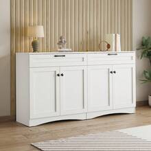 Meuble de Rangement 160x40x85 cm - Buffet de Salon avec 2 Tiroirs - Table d'Appoint au Design Courbé et Poignée Noire - 2 Grands Compartiments Fermés - 7 Espaces de Rangement au Total - Blanc - Voir 5