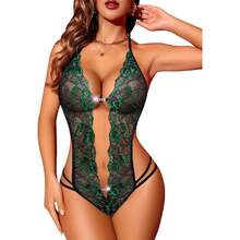 Women One Piece Lingerie Sexy Lace Bodysuit Deep V Teddy Doll Nightgown XS-XXL,31371522 - Màu xanh lá cây đậm - Xem 1