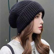 1pc Ladies Multi-Color Chunky Knit Korean Knitted Piled Cap, Fall/Winter All-Match Beanie Hat For Warmth, Ear Protection And Loose Fit, Cold-Proof Hat - 黑色 - 查看 6