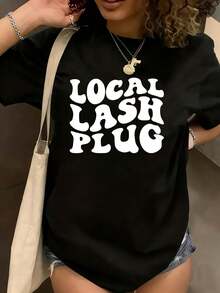 Local Lash Plug Lash Artist Eyelash Lash Women's Plus Size T-Shirt Shirt Casual 220g Funny Oversized Graphic Short Sleeve 1 Pcs Tee Novelty Crew Neck Top 100% Polyester - 黑色 - 查看 1