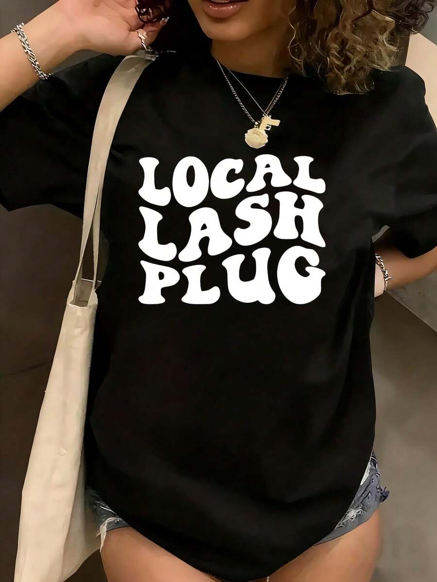 Local Lash Plug Lash Artist Eyelash Lash Women's Plus Size T-Shirt Shirt Casual 220g Funny Oversized Graphic Short Sleeve 1 Pcs Tee Novelty Crew Neck Top 100% Polyester - 黑色 - 查看 1
