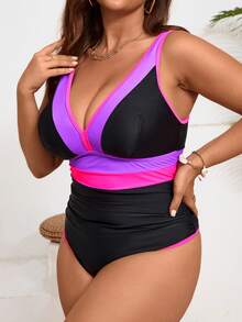 Bộ bikini nylon phối màu cỡ lớn, áo tắm một mảnh ngoại cỡ dành cho nữ, trang phục đi biển phong cách Bohemian màu đen cho kỳ nghỉ hè. - màu đen - Xem 4