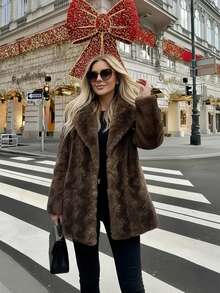 2025 Winter New Christmas & New Year Faux Fur Collar Vintage Loose Long Sleeve Faux Fur Coat For Women - Coffee Brown - View 5