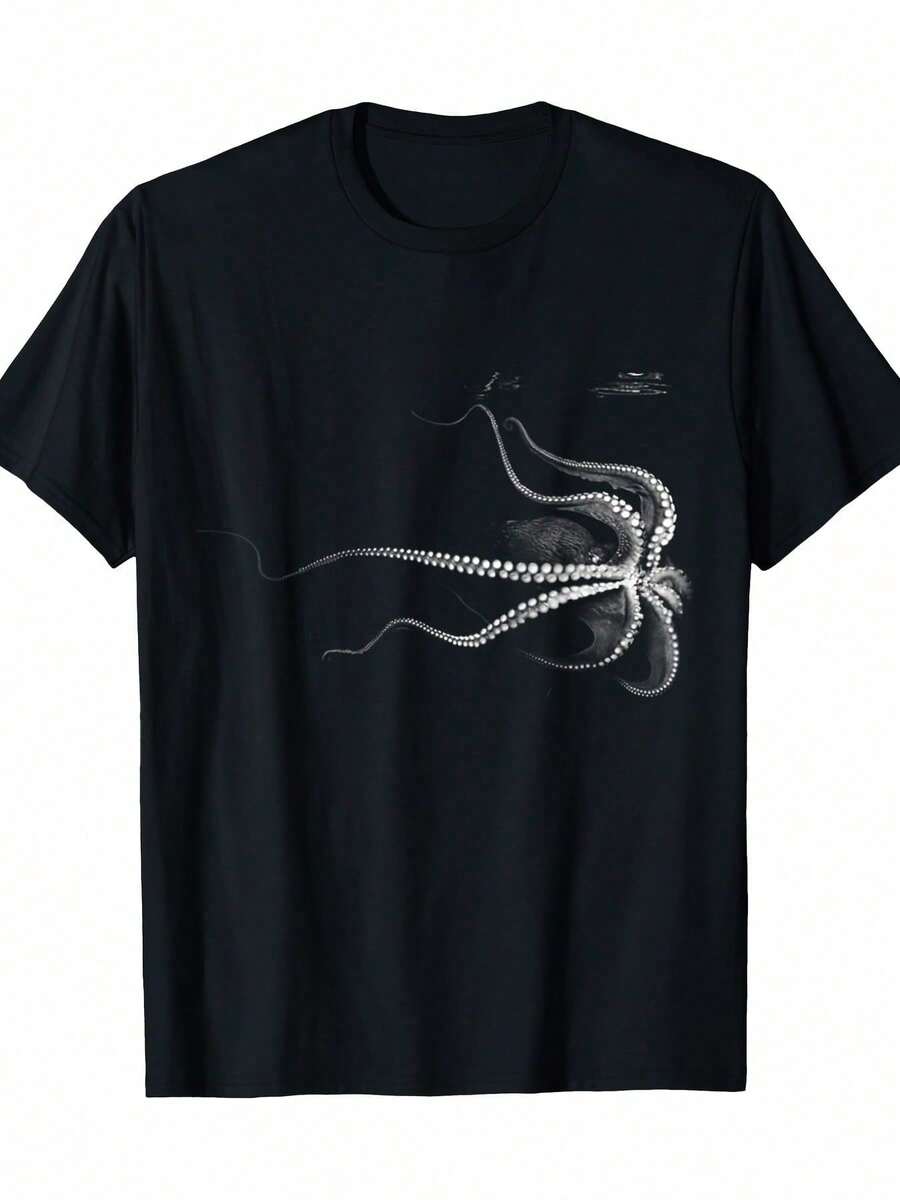Herren T-Shirt mit Motiv aus Meeresbiologie - Weich, atmungsaktiv Rundhals-Shirt mit Oktopus-Muster, leichtes Alltagshemd für Strand, Gym und lässige Outfits - Schwarz - Übersicht 1