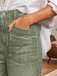 Quần jeans nữ dáng rộng, dài đến khuỷu tay (7/8), kiểu dáng thanh lịch, thời trang với túi hình thoi, thích hợp cho mùa xuân. - xanh quân đội - Xem 5
