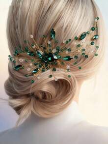 1pc Handmade Green Glass Rhinestone Hair Comb, Suitable For Brides, Weddings, Parties, Elegant And Unique - Multicolor - View 1