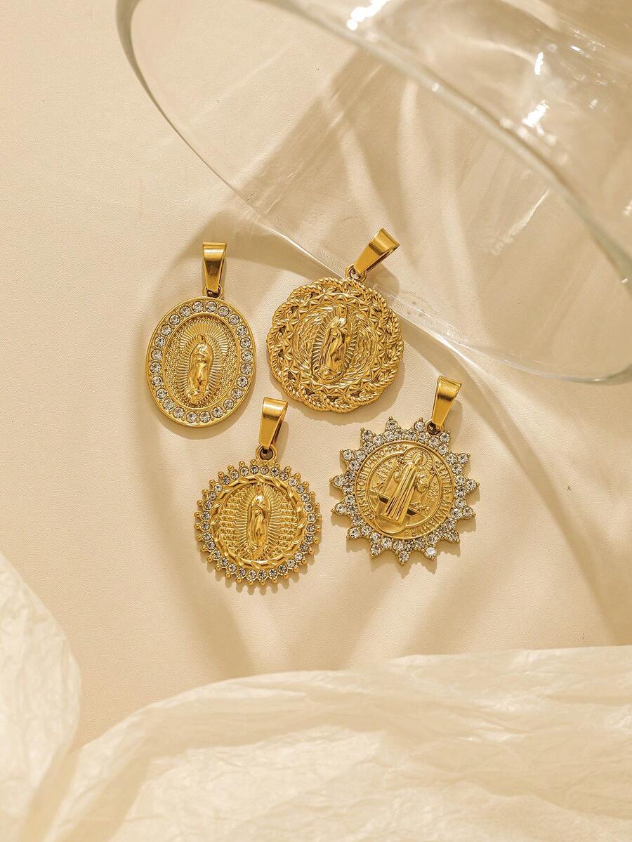 1pc/Pack 304 Stainless Steel Rhinestone Religious Series Pendant, 18K Gold Plated Fashionable Versatile Necklace Charm - Gold - View 1