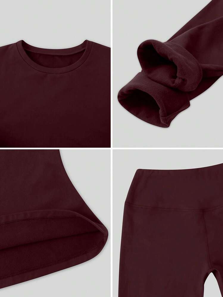 一套女士弹力紧身保暖长袖上衣和裤子运动服 - 酒紅色 - 查看 4