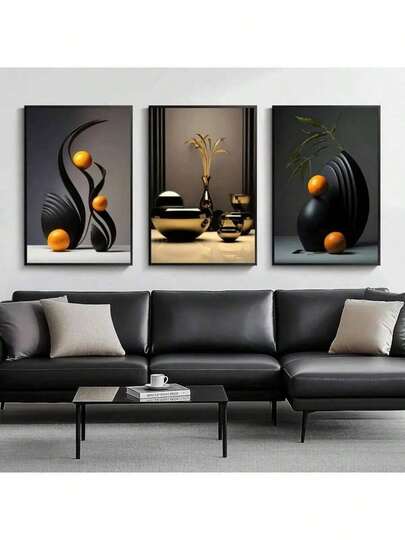 3pcs/Set Unframed Abstract Black Vase Ornament Canvas Prints Wall Art Modern Ceramic Still Lifes Wall Decor Pictures Orange Shape Canvas Posters Prints For Living Room Bedroom Bathroom Home Decoration Frameless, 2D Flat