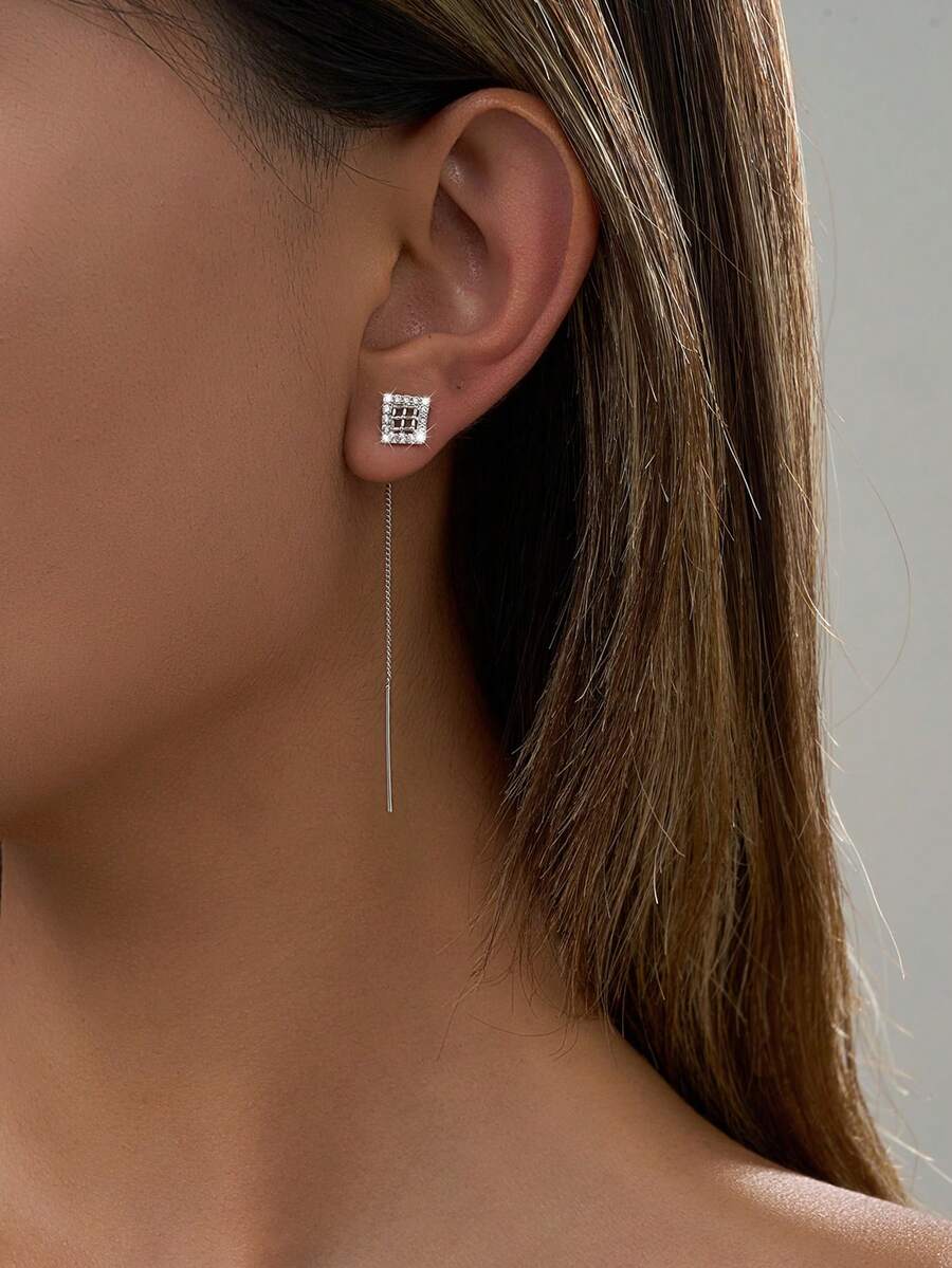 Nooxian 1对时尚银色闪光几何方形流苏耳夹耳环，女士礼物（不含礼盒）