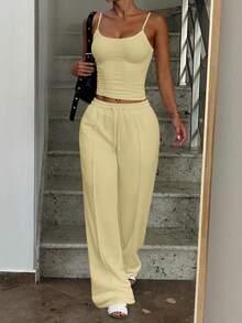 女士简约纯色吊带背心和抽绳腰带运动裤套装 夏季 - 黃色 - 查看 5