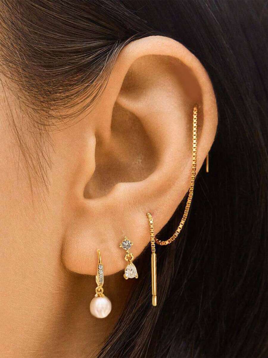 3件套优雅法式耳环套装，铜镶嵌立方氧化锆和仿珍珠耳环，威尼斯耳环，适合派对和日常佩戴 - 金黃色 - 查看 1