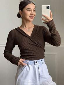 Livesso Women's Warm Fleece Crossed T-Shirt, Fall Clothes Long Sleeve Women Tops, Thermal Lined,Winter - Rust Brown - View 3