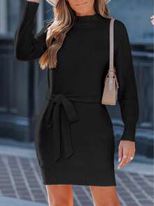 Women's Solid Color Round Neck Raglan Sleeve Casual Sweater Dress, Autumn/Winter - Black - View 7