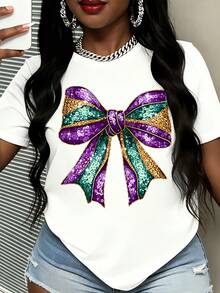 Mardi Gras Sequin Bow T Shirt Women White Purple Green Gold Party Celebration Top - trắng - Xem 2