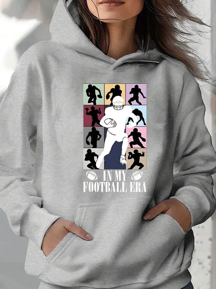 Unisex Hoodie Football Player Silhouette And Text Print Hoodie For Casual Wear Gift For Family And Friends - Xám - Xem 1