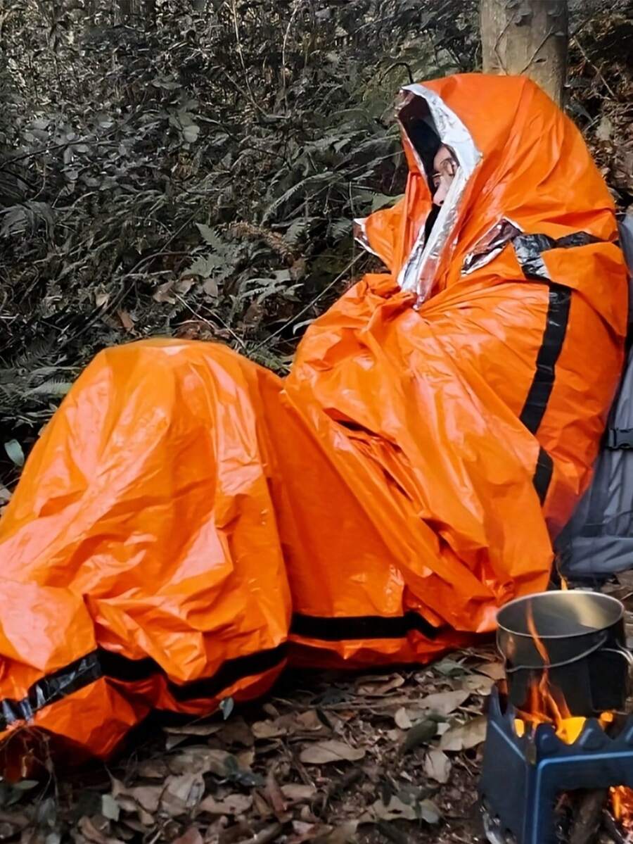 Portable Emergency Sleeping Bag, Survival Shelter Bag, Polyester Film Insulated Emergency Blanket, Lightweight Portable Shelter, Suitable For Camping, Hiking, Outdoor Activities, Backpacking, Outdoor Enthusiasts, Disaster Preparedness, Winter Sleeping Bag - Orange - View 1