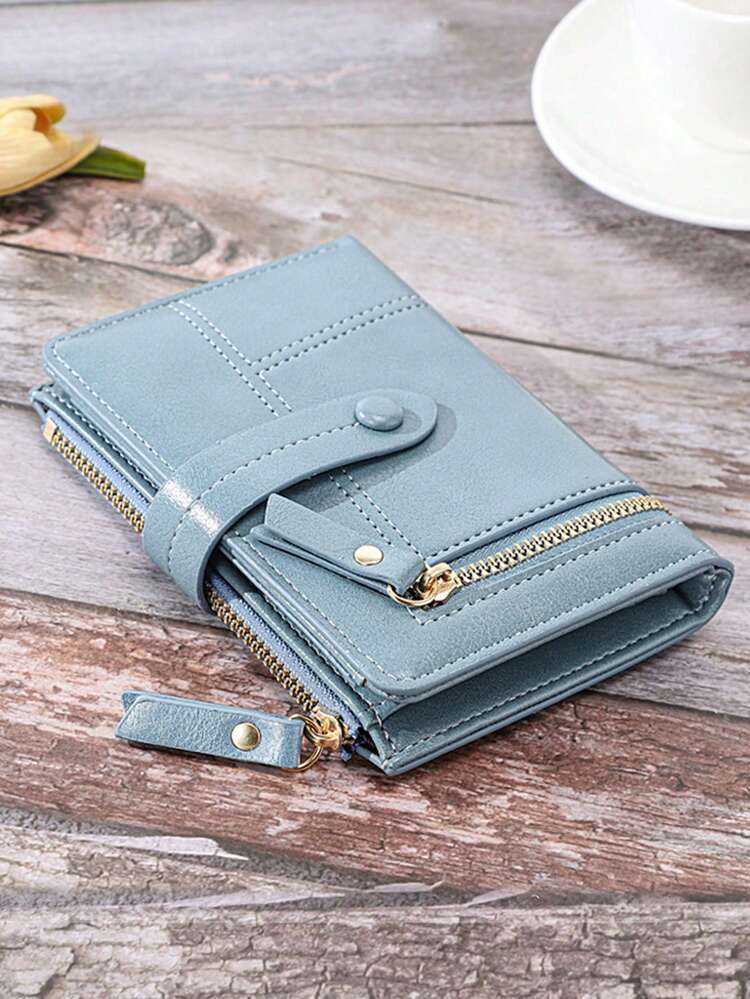 新款折叠多功能手拿包酒红色小零钱包防盗RFID屏蔽卡包柔软PU皮钱包女士礼物迷你钱包小钱包可爱钱包卡包零钱包礼物圣诞小礼物配饰 - 藍色 - 查看 2