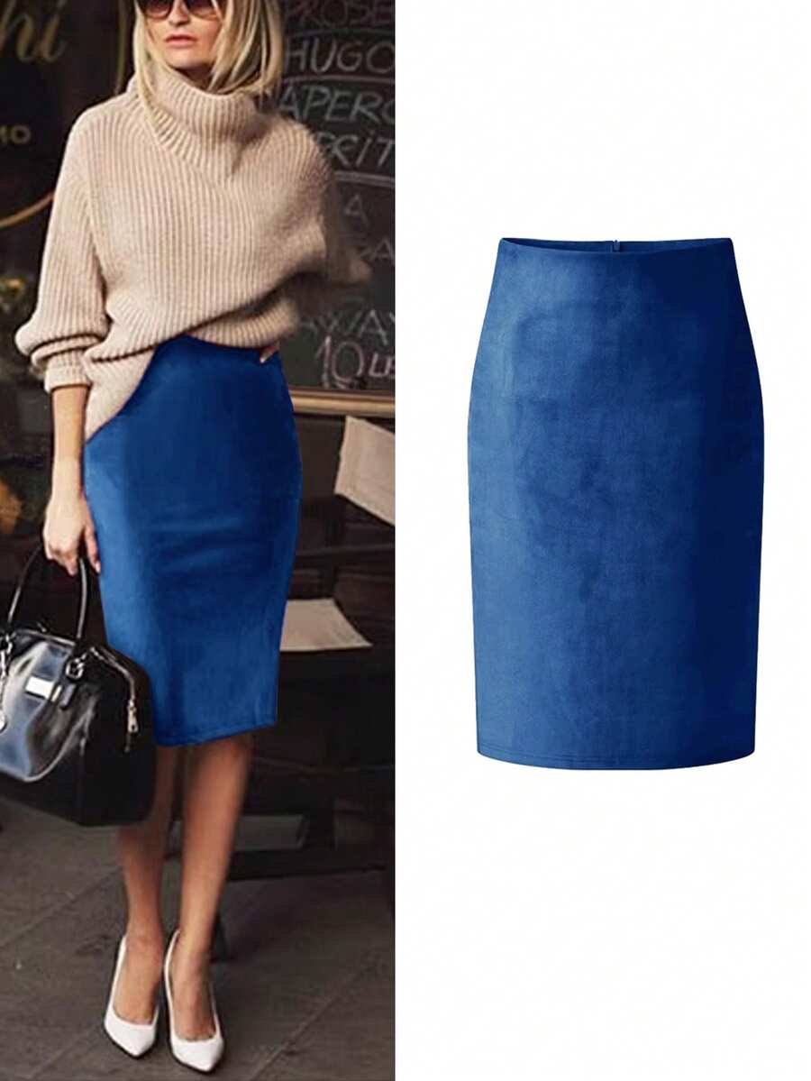 女士优雅通勤鹿皮绒拉链百搭半身裙，后开衩设计，无弹性 - 寶藍色 - 查看 1