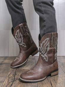 Unisex Couple Western Cowboy Boots | Black Embroidered Mid-Calf Retro Boots | Non-Slip Sole - For Men & Women Daily/Street Wear