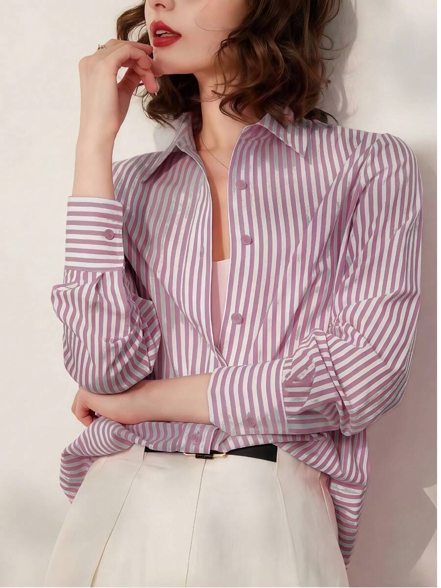 Chemise surdimensionnée à rayures mode, blouse à manches retroussées avec broderie de lettres pour femme de bureau, printemps été automne - Rose vif - View 1