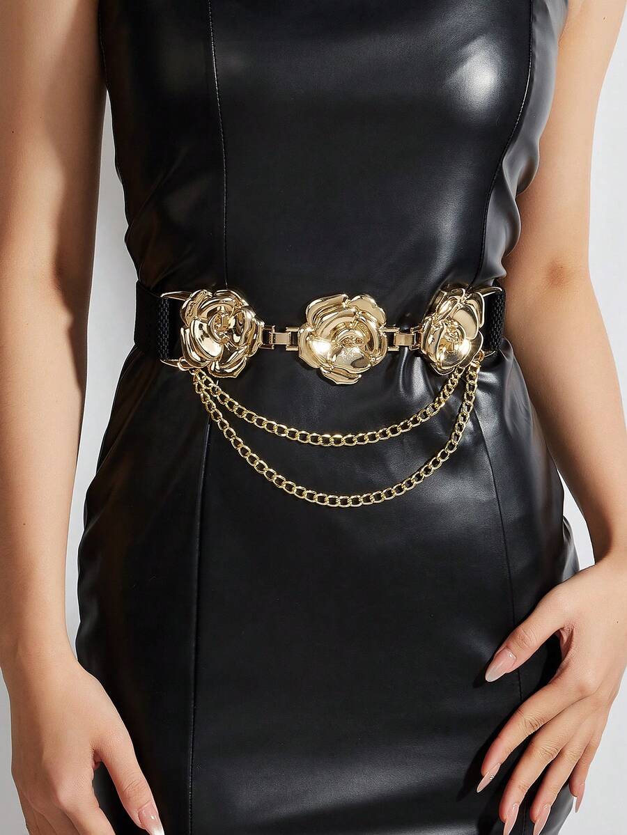 1pc Gold Rose Hollow Buckle Elastic Waist Chain Belt For Women - Golden Rose - View 1