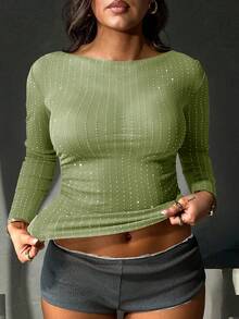 音乐嘉年华大码女式时尚性感闪亮水钻透视辣妹修身优雅百搭长袖圆领上衣 - 綠色 - 查看 2