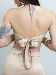 Conjunto Saia Longa Cropped Feminino Frente Única Amarração Cetim Moda Gringa Verão