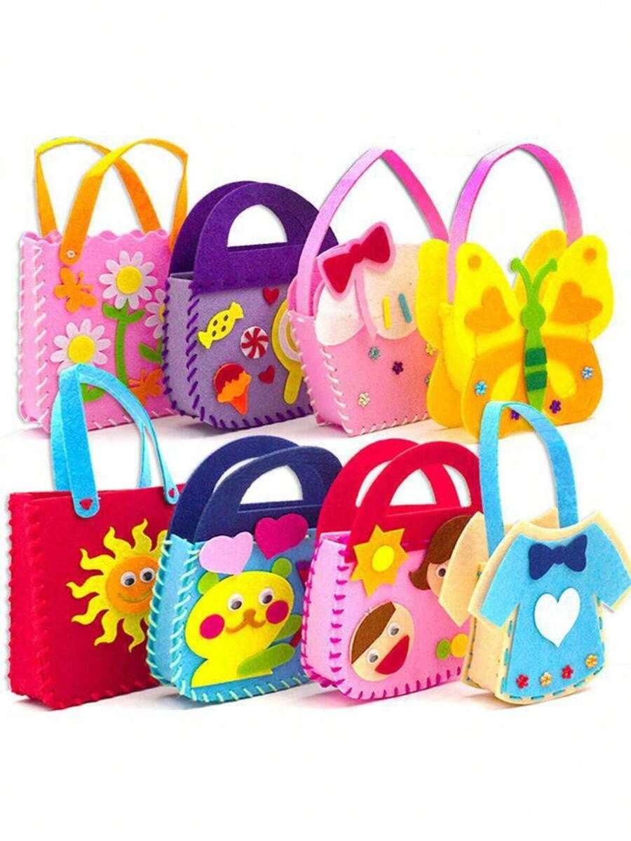 12pcs Cute Cartoon Felt Handbag DIY Kit, Suitable For Girls Creative Handmade Bags, Children's Party Gifts, Creative Handmade Fun Expression, Also Helpful For Developing Fine Motor Skills - Multicolor - View 1