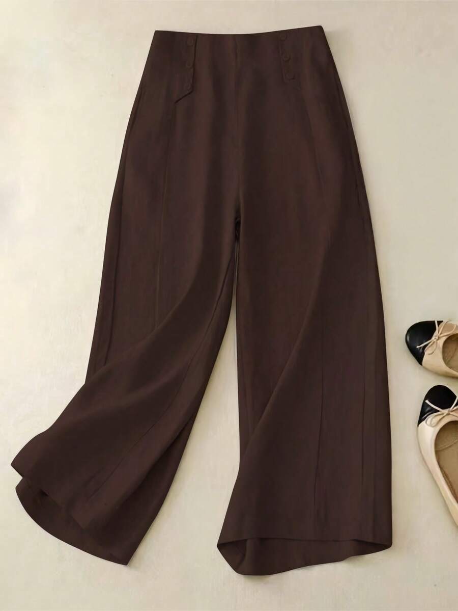 Women's Casual Button Decorated Wide Leg Pants, Non-Stretch, Comfortable & Versatile - Coffee Brown - View 1
