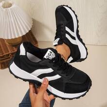 女士春秋季白色休闲运动鞋，低帮，轻便，防滑，耐磨，低跟，圆头，透气，系带，适合户外活动 - 黑色 - 查看 3