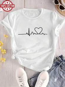 1PC 100% Cotton Heartbeat Graphic Print Casual Lady's Short Sleeve TShirt Comfortable Fashionable Daily Wear Tops - Blanco - Ver 1