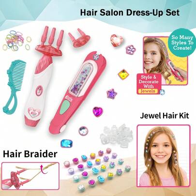 Girls' Hair Styling DIY Set - Magic Braider And 8 Gem Hair Accessories. This Salon Role-Play Set Includes A Children's Automatic Hair Braider That Can Create Pigtails, Twists, And Fishtail Braids, As Well As Various Styling Tools. The Set Contains A Braiding Aid, Comb, Colored Hair Ties, Headbands, Faux Gemstone Beads, And Shiny Hair Clips - All Designed Specifically For Girls To Safely Learn Braiding And Explore Their Creativity.